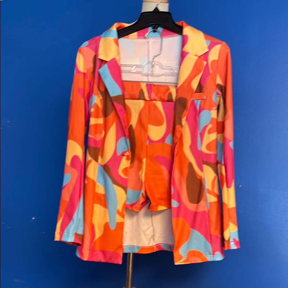 Orange and Pink Retro Blazer and short set with Abstract Print